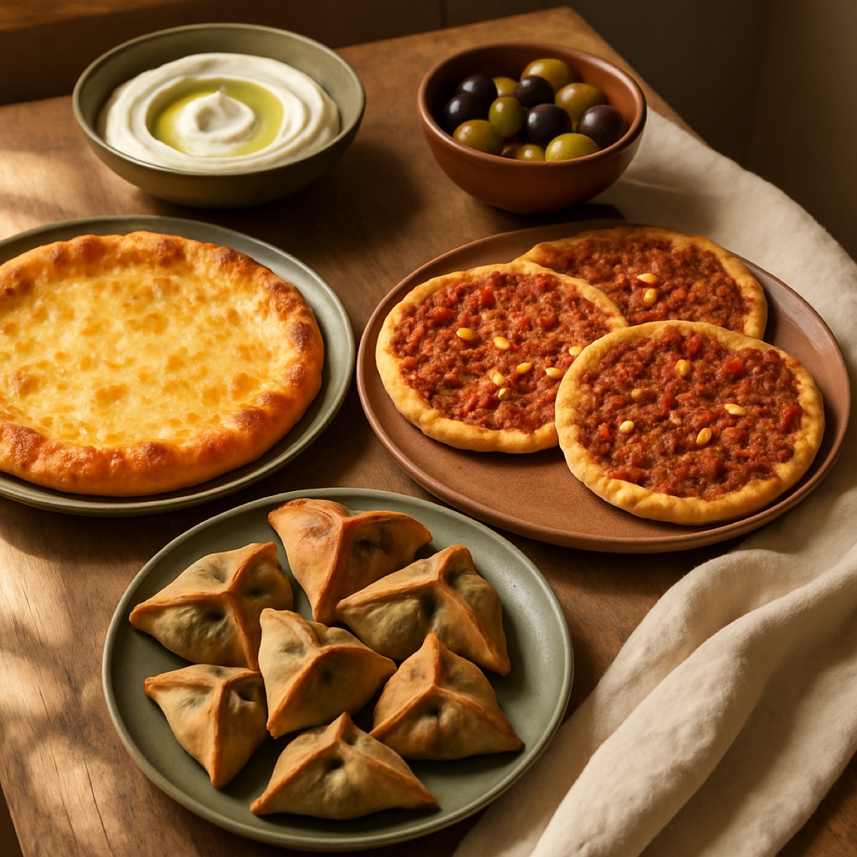 Feast spread with cheese manakish, lahem be ajine and spinach pies