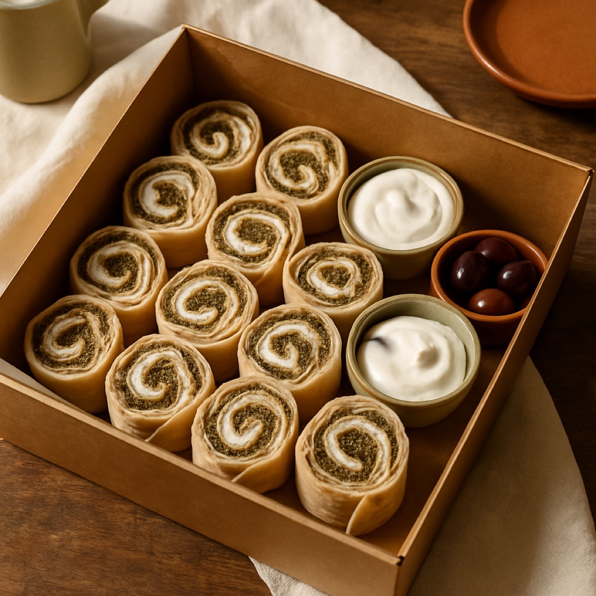Catering box of za'atar and labneh wraps for office morning tea