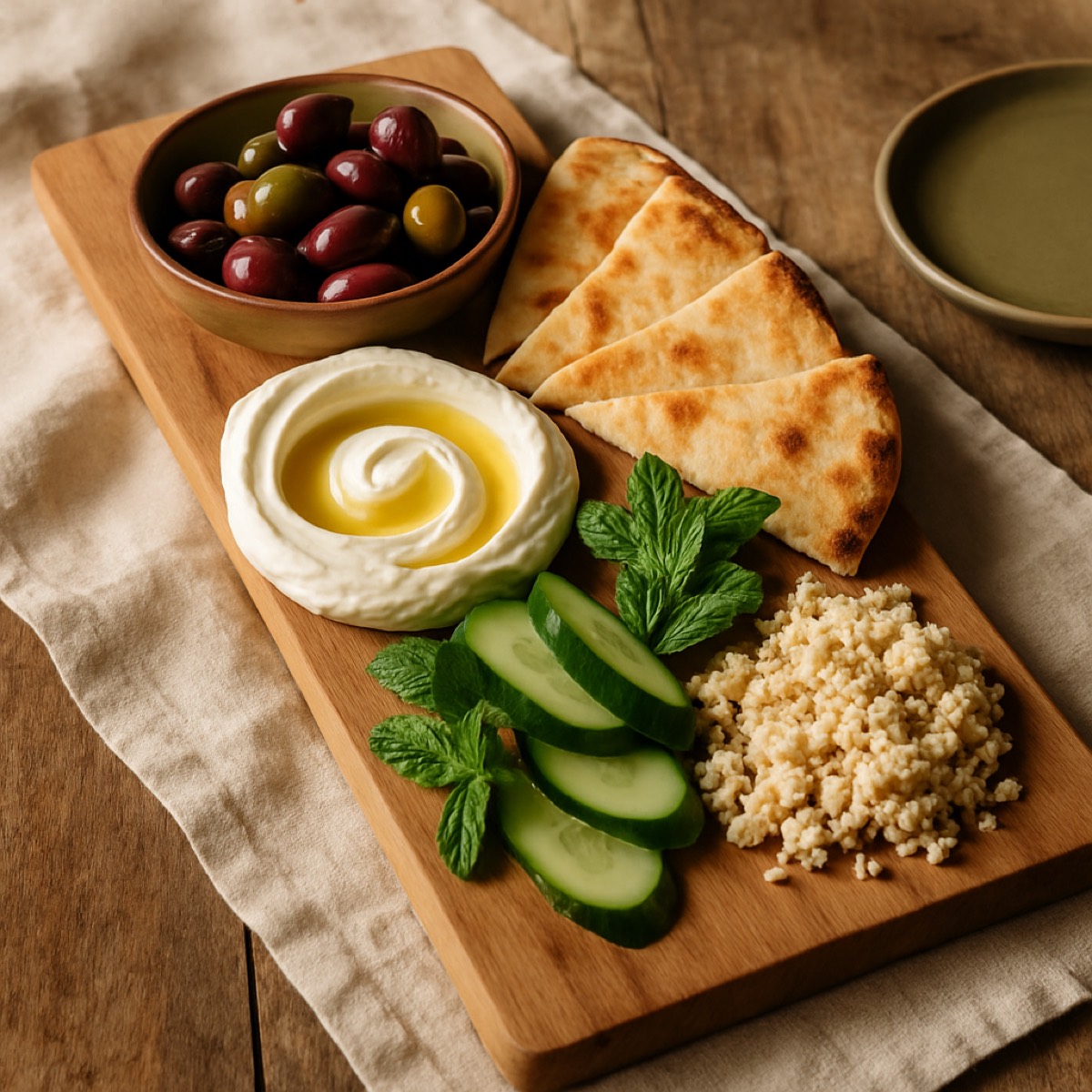 Mezze grazing board with labneh, olives, flatbread and shanklish