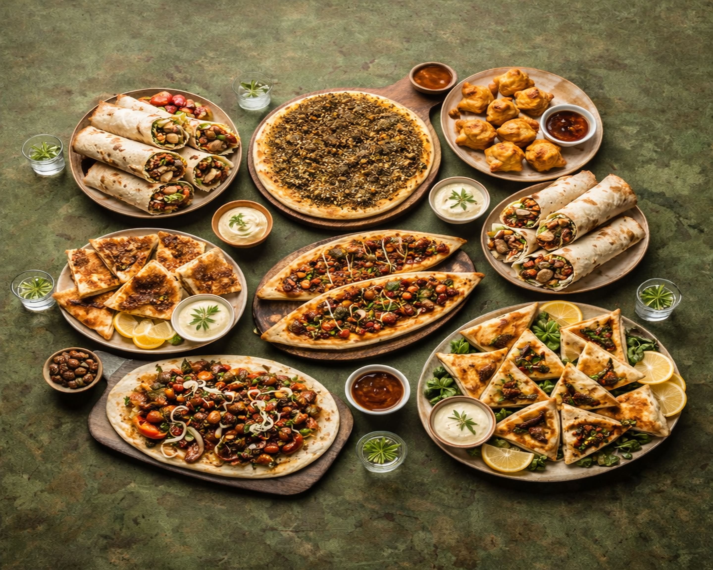 Cedar Dough food spread — manakish, flatbreads, wraps and dips